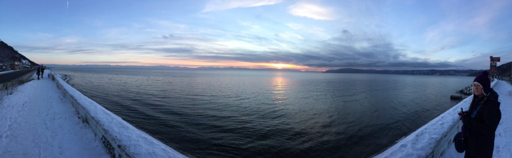 Landscape view over lake baikal at sunset